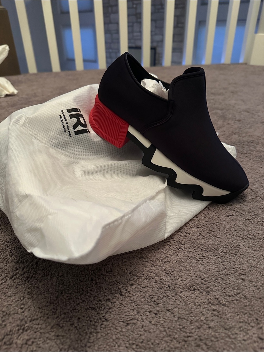 Black Slip-On Sneakers with Red Accent Heel iRi. Size 7.0